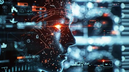 Poster - human face is being scanned and analyzed by a sophisticated neurotechnology system, visualizing brai
