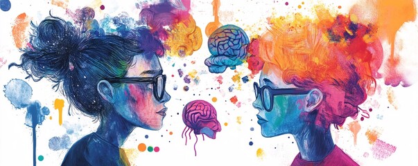 Poster - Two people exchanging ideas, connecting brains and colorful thoughts