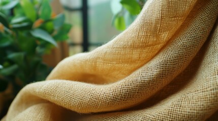 Fototapete - A soft beige fabric gently cascades over a surface, illuminated by natural light, while lush green plants add a touch of nature. The atmosphere is warm and inviting.