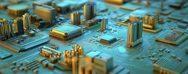 Poster - Electronic components resembling futuristic city on circuit board