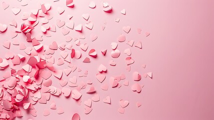 Wall Mural - A scattering of pink paper hearts on a soft pink background, conveying love and affection.