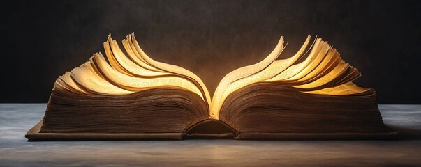 Poster - Open magic book glowing on a dark background, turning pages creating a mystical atmosphere