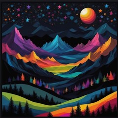 Wall Mural - modern art mural wallpaper, night landscape, colorful mountains, trees, dark black background with stars and moon
