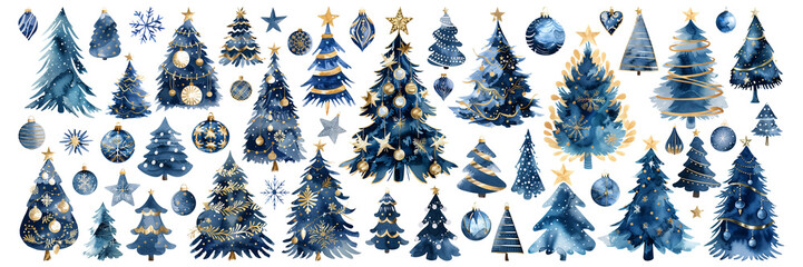 Wall Mural - Set of isolated cute Christmas trees in hand painted watercolor painting style, vivid blue and gold color tones, on a transparent background for Christmas and New Year decoration elements.