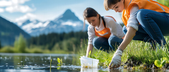 Wall Mural - Researchers collect water samples to study ecosystems and enhance nature conservation efforts