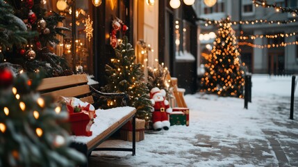 Wall Mural - A snowy bench sits outside a storefront decorated with Christmas lights and a tree