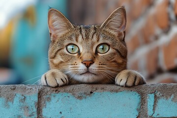 Wall Mural - Curious Cat Peeking Over a Wall