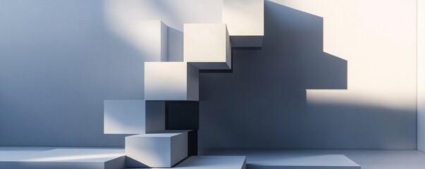 Aufkleber - White abstract cubes staircase ascending in sunlit empty room