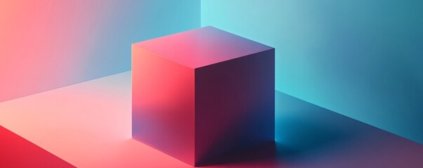 Poster - Pink and blue neon light illuminating cube in corner: minimalist abstract composition