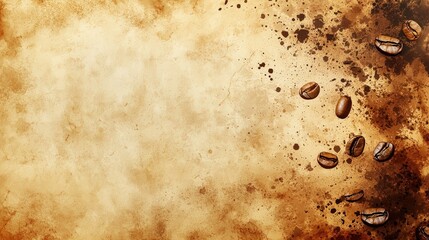Poster - Abstract coffee background with coffee stains, beans, and a rich brown color palette, perfect for a coffee-related design.