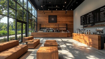 Poster - Modern coffee house interior with sleek decor, a large coffee bar, and comfortable seating for a vibrant cafe experience.