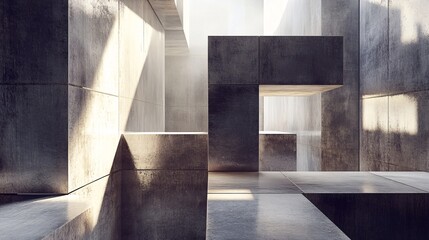 Poster - Sunlight illuminating abstract concrete architecture with geometric shapes