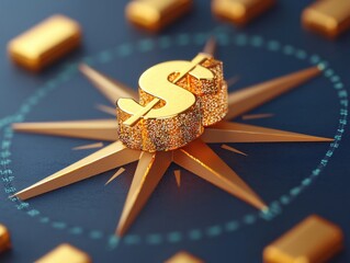 Poster - Golden compass pointing dollar sign with gold bars, showing financial direction