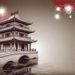 Wall Mural - retro shot of a traditional Chinese pagoda with fireworks. pond water with fireworks bokeh reflection. drawn red banner ribbon for copy space, ink drawn illustration