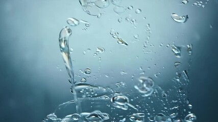 Poster - Bubbles and droplets in motion create tranquil underwater scene, where light refracts through blue liquid, showcasing mesmerizing beauty of water and its calming effect.