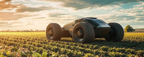 Poster - Autonomous electric tractor working on sustainable farm at sunset