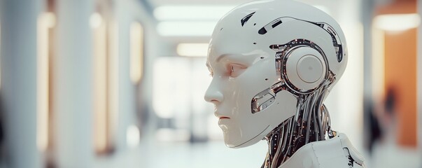 Poster - Realistic female android robot walking in modern futuristic office corridor