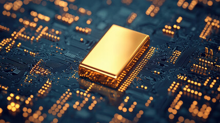Poster - Gold microchip resting on illuminated circuit board: future of investments and technology