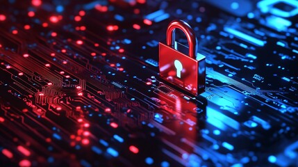 Poster - Red padlock protecting futuristic glowing circuit board from cyber threats