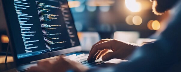 Leinwandbilder - Software developer programming on computer in office at night