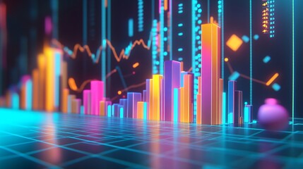 Poster - Glowing charts showing growing financial data on grid background