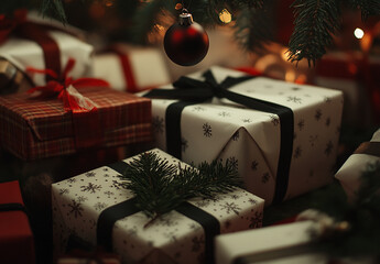 Aufkleber - Wrapped gifts sit under a Christmas tree with a red ornament hanging above. The gifts are adorned with black ribbon and snowflake patterned paper