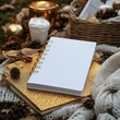 © EmPics - White notebook with a gold glitter picnic setup background, festive, celebratory outdoor mockup
