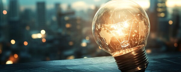 Poster - Light bulb illuminating world map symbolizing global innovation and ideas