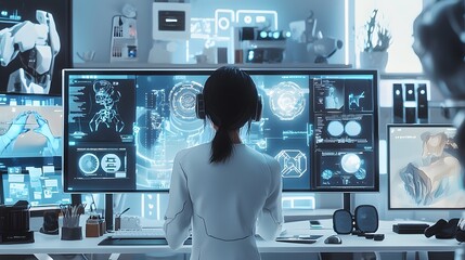 Poster - Explore the future of technology as a professional analyzes advanced data visualizations in a high-tech workspace