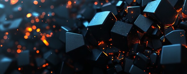 Poster - An abstract black, blue, and orange hexagon background pattern modeled in 3D