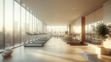 Aufkleber - A contemporary fitness center features several treadmills, large windows showcasing a city skyline, and warm morning light illuminating the space.