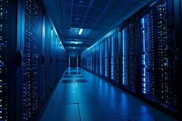Poster - Server room data center with multiple rows of storage cabinets working and generating heat