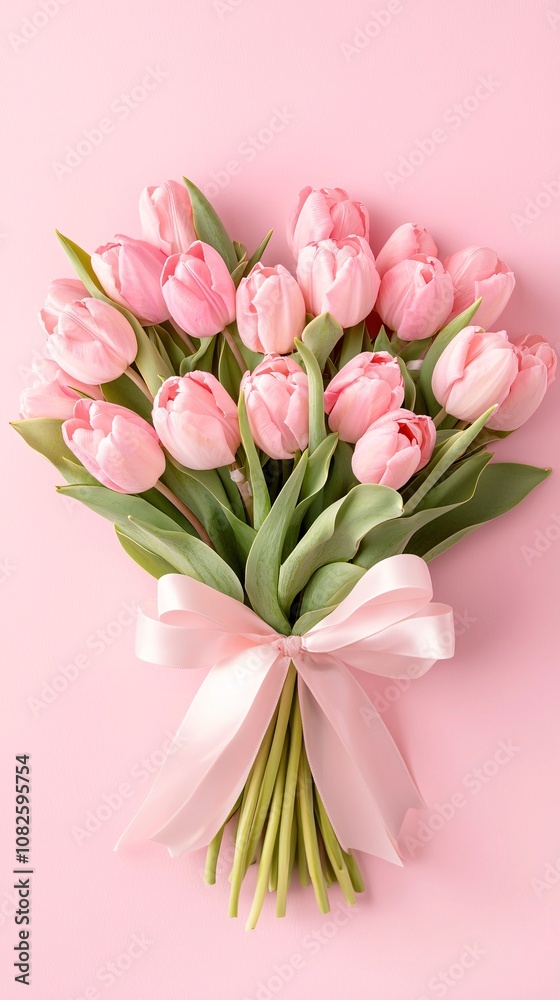 Beautiful Pink Tulip Bouquet with Green Leaves and Satin Ribbon on Soft ...