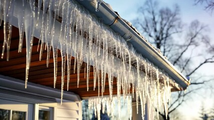 Sticker - Icicles hang from the eaves of a house in a snowy landscape during a serene winter evening