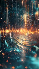 Poster - Golden and teal particles flowing in digital tunnel