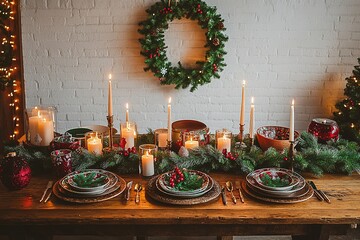 Festive Christmas table setting with warm candle light