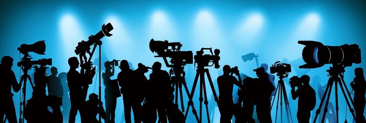 Poster - Production studio for shooting video or film for cinema, TV, online advertising, or photo sets. Professional movie camera and film crew for making film scenes for cinema, TV, or online advertising.