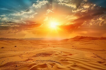 Poster - Sun shining brightly over a vast desert landscape with sand dunes and a dramatic sky