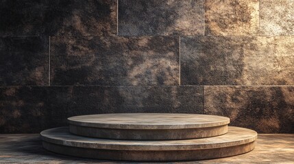 Leinwandbilder - Empty round stone podium displaying products on dark background