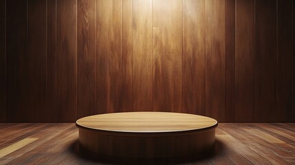 Poster - Round wooden podium illuminating against wooden wall panels background