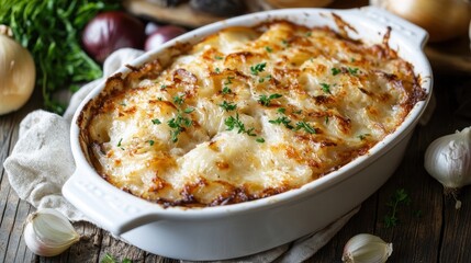 Poster - Delicious potato gratin casserole with cheese and fresh herbs on rustic table