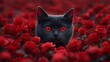 © Viktoriia - Black cat with red eyes hiding in red roses