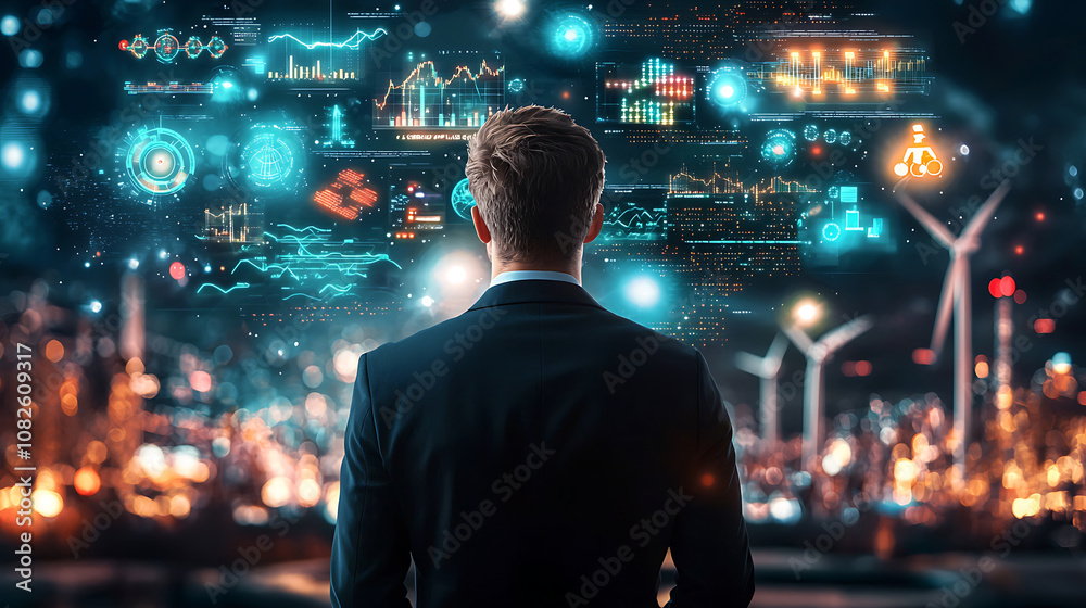 businessman analyzing stock charts and data visualizations in modern ...