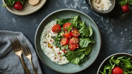 Wall Mural - Fresh spinach and tomato salad with ricotta and parmesan cheese