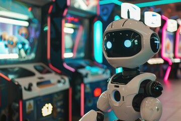 Poster - White humanoid robot with blue glowing eyes standing in an amusement arcade, looking at a gaming machine