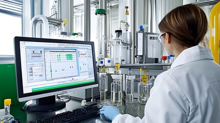Poster - A scientist analyzes data in a laboratory setting with various glassware and equipment.