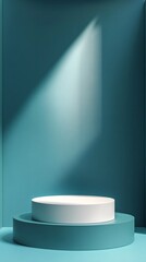 Fototapete - White cylinder product display stand on a teal pedestal in minimal room with soft light beam
