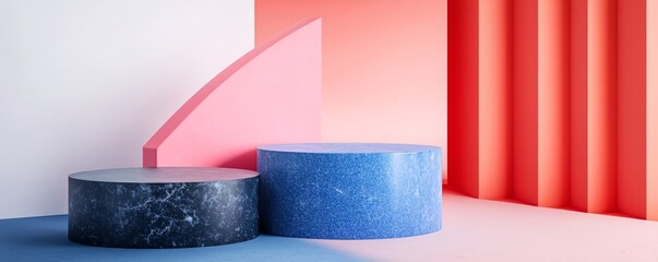 Poster - Empty marble cylinder podiums for product placement on colorful abstract background