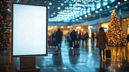 Poster - Travelers navigate through a busy airport adorned with twinkling lights and a blank advertising display, creating a festive atmosphere