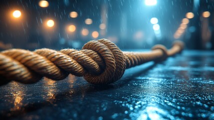 Poster - Moisture glistens on the surface as a sturdy rope lies on the ground, surrounded by soft lighting creating a calm atmosphere during rain.